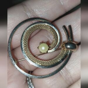 Vintage Gold and Silver Swirl Brooch With Pearl Accent Smoke Free Home